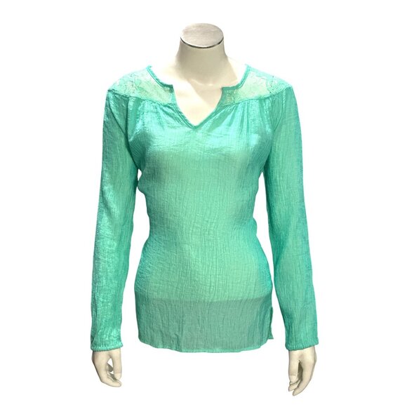CCC Sheer Teal Long Sleeve Blouse V Neck Lace Accents Crinkled Texture Size Med - Picture 1 of 7